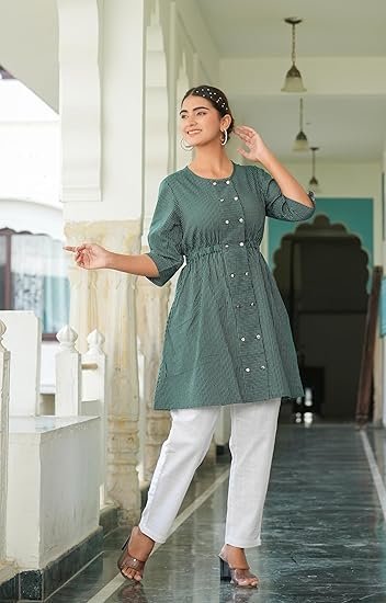 Yash Gallery Women's Kantha Cotton Striped Printed 3/4 Sleeve Round Neck Straight Short Kurta Tops - Image 4