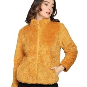 Alan Jones Clothing Women’s Fluffy Yarn Fleece Full-Zip Jacket | Soft Lightweight Warm Outerwear with Stand Collar & Piping at Hem & Cuffs