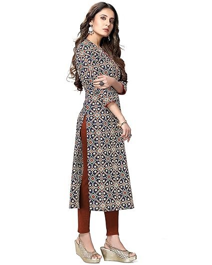Rajnandini Women's Pure Cotton Jaipuri Printed Straight Kurti (Ready to Wear; Navy Blue and Red; S to 4XL) - Image 4