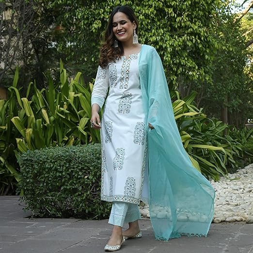 KLOSIA Women Pure Cotton Printed Straight Kurta with Pant & Dupatta Suit - Image 3