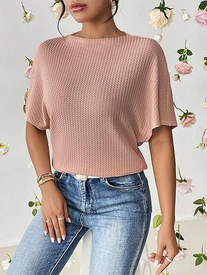 Zilcon Women Fashion Fall Batwing Half Sleeve Shirts Boat Neck Oversized Tunic Tops Casual Waffle Knit Shirts Tops for Women - Image 4