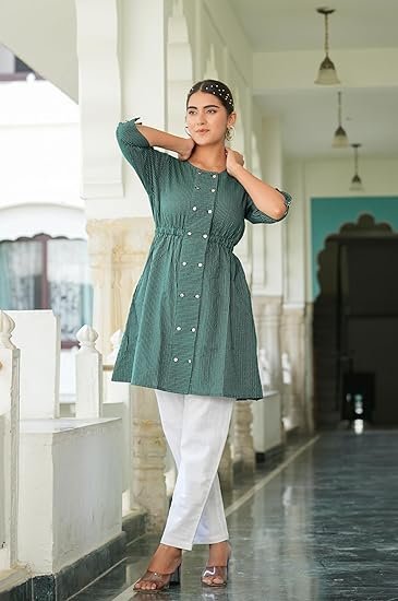 Yash Gallery Women's Kantha Cotton Striped Printed 3/4 Sleeve Round Neck Straight Short Kurta Tops - Image 2