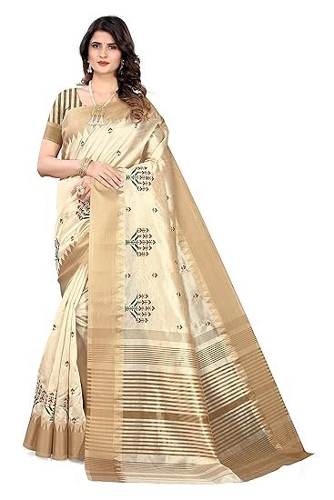 SERONA FABRICS Women's Assam Cotton Silk With Golden Border Thread Embroidery Saree With Blouse Piece