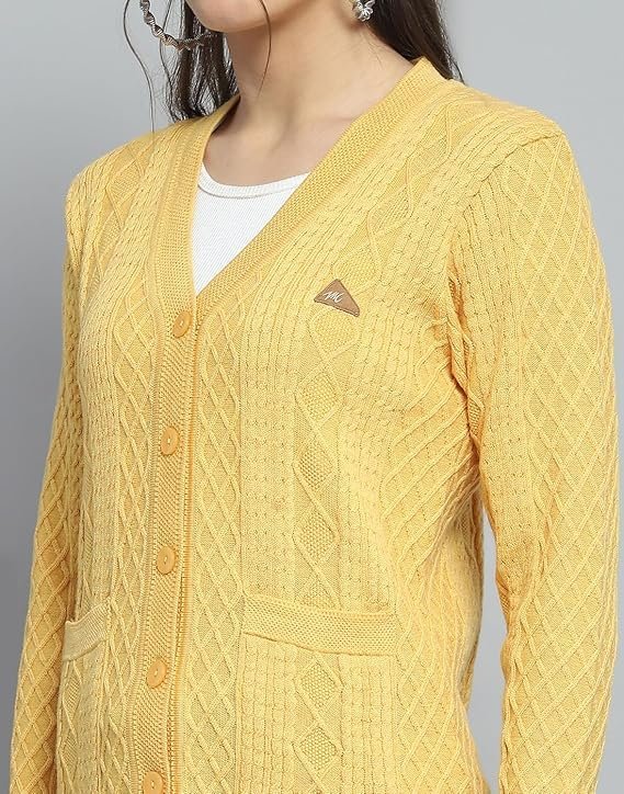 Monte Carlo Womens Self Design Yellow V Neck Full Sleeve Cardigan_1243555VN-2454 - Image 2