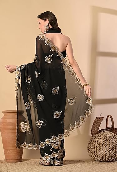THE WEAVERS SHOP BY RAAVI Pure Georgette Black Saree With Attached Blouse Piece - Image 3