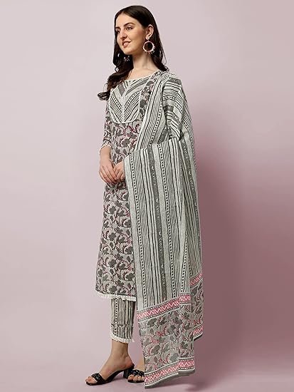 MIRCHI FASHION Women's Straight Fit Cotton Floral Printed and Embellished Kurta Set with Trouser Pant and Dupatta - Image 6