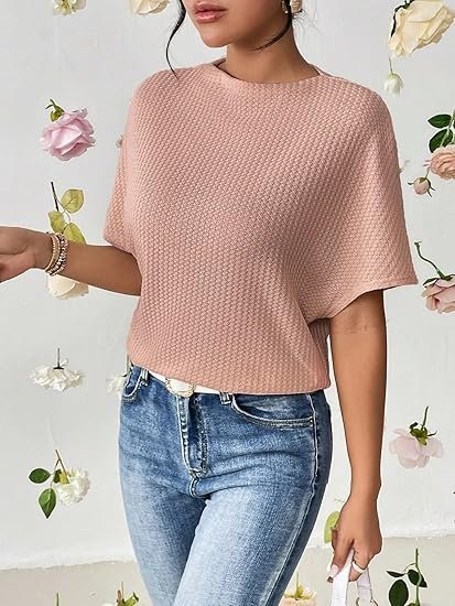 Zilcon Women Fashion Fall Batwing Half Sleeve Shirts Boat Neck Oversized Tunic Tops Casual Waffle Knit Shirts Tops for Women - Image 3