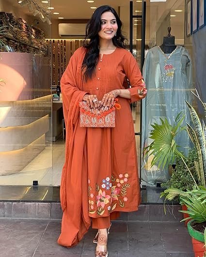 GoSriKi Women's Embroidered Viscose Anarkali Kurta Set with Dupatta - Orange Traditional Festive - Image 3