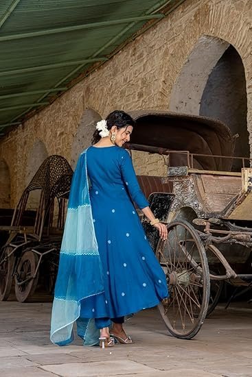 GoSriKi Women's Cotton Blend Anarkali Embroidered Kurta with Pant & Dupatta - Image 3