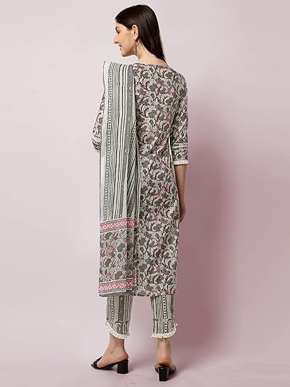 MIRCHI FASHION Women's Straight Fit Cotton Floral Printed and Embellished Kurta Set with Trouser Pant and Dupatta - Image 4