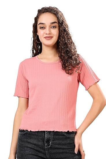 Slim Fit Textured Stretchable Round Neck Textured Knit Short Sleeve Pink Crop Top for Women - Image 2
