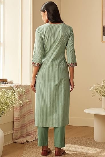 GoSriKi Women's Cotton Blend Embroidered Straight Kurta with Pant & Dupatta - Image 3