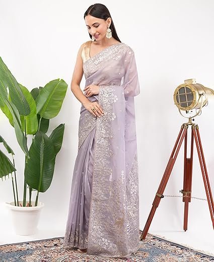 Gaon Originals Lavender Silk Saree with Hand Zari Embroidery – Festive & Occasion Wear - Image 3