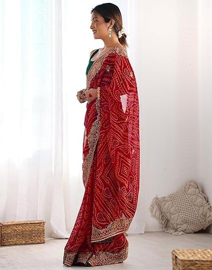 SIRIL Women's Georgette Bandhani Printed Sequence Embroidery Lace Saree With Unstitched Blouse Piece - Image 3