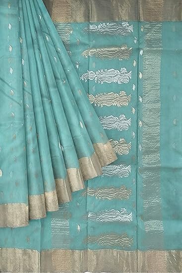 HerClozet Chanderi Handwoven katan Silk Saree zari Border-6.3 mtr(Sea Green) - Image 6