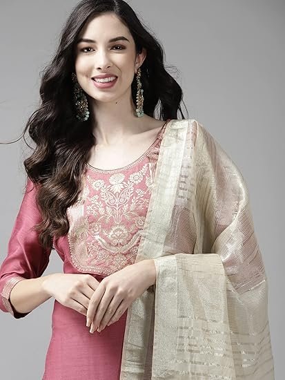 INDO ERA Women's Cotton Blend Yoke Design Straight Kurta Pant with Dupatta Set