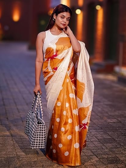 EthnicJunction Womne's Art Silk Printed and Polka Dot Saree With Blouse Piece