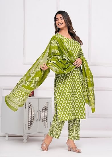 MEERA FAB Women's Cotton Printed Straight Kurta with Palazzo & Dupatta Set - Image 4