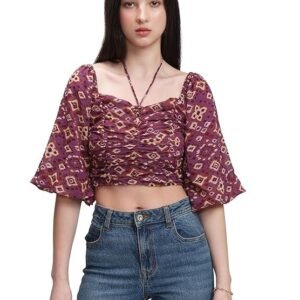 Women's Floral Printfitted Crop Top | Short Puff Sleeves | Chic & Feminine & Square Neck | Tops for Woman | Women Tops | Women Crop Top