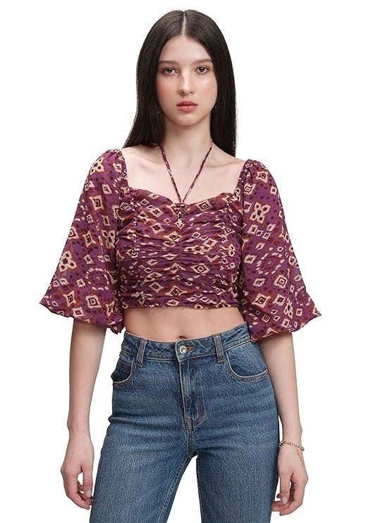 Women's Floral Printfitted Crop Top | Short Puff Sleeves | Chic & Feminine & Square Neck | Tops for Woman | Women Tops | Women Crop Top