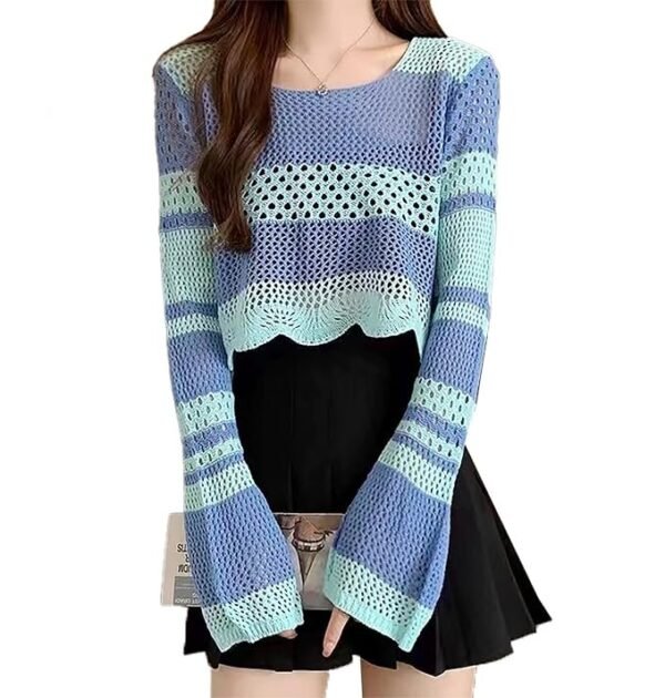 ICW Women's Korean Style Knitted Sheer Crochet Long Sleeve Hollow Out Colour Block Print Crop Top T-Shirt Sweater (One Size Fit XS-S-M Bust 32-36 Inch) 29 - Image 3