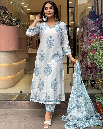 Nermosa Women Cotton Block Printed Kurta Pant With Dupatta - Image 5