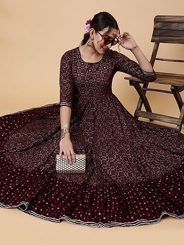 Ethnic Printed Cotton Blend Anarkali Dress, Burgundy, 3/4 Sleeve, Round Neck, Fit & Flare
