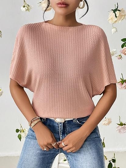 Zilcon Women Fashion Fall Batwing Half Sleeve Shirts Boat Neck Oversized Tunic Tops Casual Waffle Knit Shirts Tops for Women - Image 2