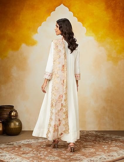 Myx Women's Solid Straight Embroidered Kurta Pant Set with Organza Dupatta - Image 5
