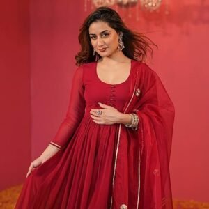 GoSriKi Women's Rayon Blend Anarkali Solid Kurta with Pant & Dupatta