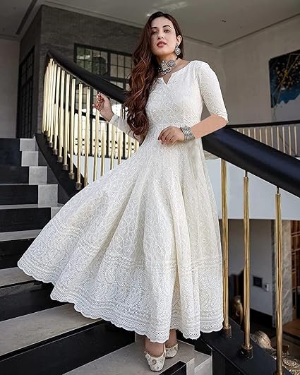LookMark Women's Cotton Straight Fit Straight Chikankari Long Kurti Gown - Image 5