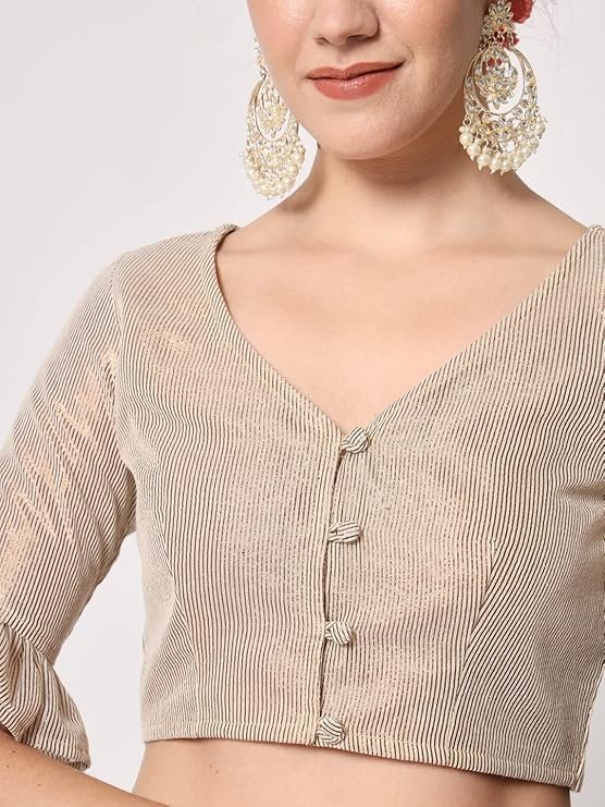 studio rasa Women's Shimmer Stripe Button Down Crop Top for Festive Wedding Party - Image 3