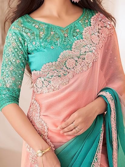 AKHILAM Women's Pure Chiffon Embellished Saree With Unstitched Blouse (SNDLWOD1301_TFH_Parent) - Image 6