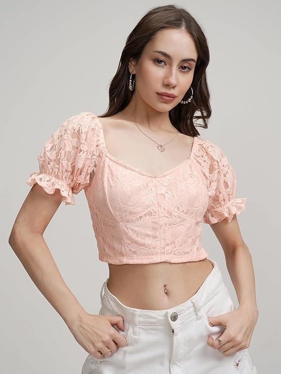 Women's Self Design Print Crop Top | Square Neck | Bishop Sleeves | Chic & Feminine | Tops for Woman | Women Tops | Women Crop Top - Image 3