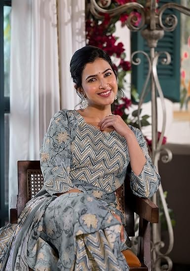 MIRCHI FASHION Women's Straight Fit Pure Cotton Jaipuri Floral Printed Sequins Thread Work Kurta Set with Dupatta and Trouser