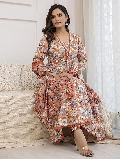 PARTHVI Women's Printed Cotton Anarkali Kurta & Pant With Dupatta Set - Image 3