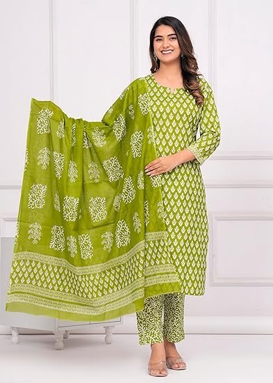 MEERA FAB Women's Cotton Printed Straight Kurta with Palazzo & Dupatta Set