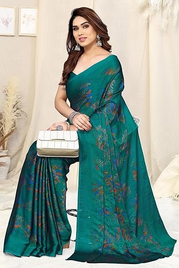 MIRCHI FASHION Women's Stylish Chiffon Leaf Printed Saree with Blouse Piece - Image 3