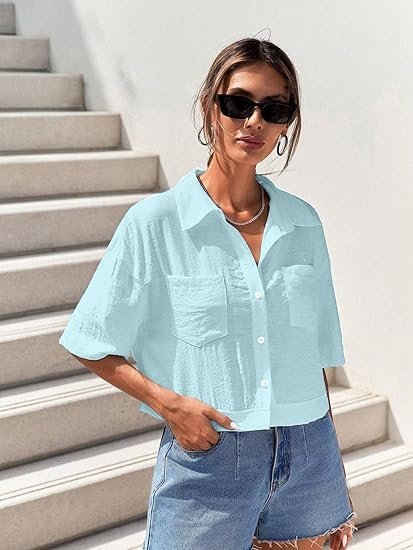 TOPLOT V-Collar Solid Crop Shirt for Women with Half Sleeves - Image 3
