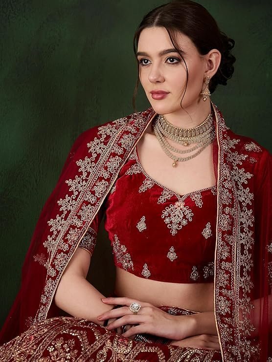 Women'S Maroon Semi-Stiched Heavy Zari Embroidery Velvet Lehenga Choli (MRSSKTVVH7734) - Image 5