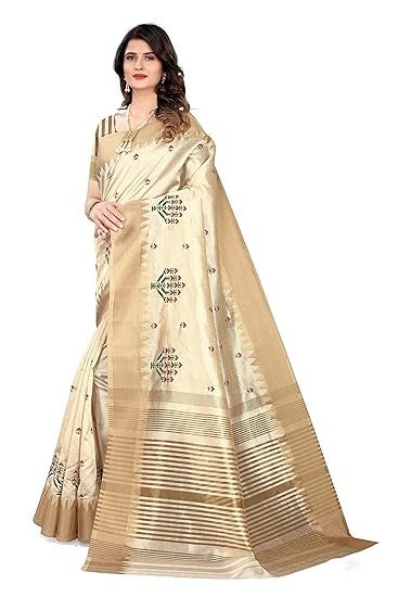 SERONA FABRICS Women's Assam Cotton Silk With Golden Border Thread Embroidery Saree With Blouse Piece - Image 3