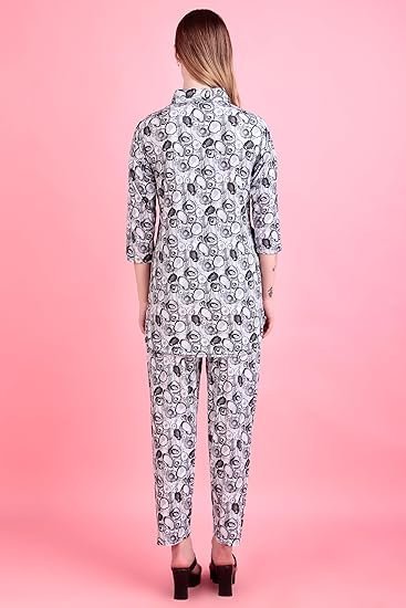 Women’s Digital Printed Co-ord Set with Mandarin Collar, 3/4 Sleeves & Button-Down Design | Full Pair Fancy Travel Kurta Set - Image 4