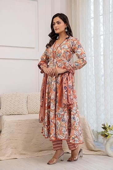 PARTHVI Women's Printed Cotton Anarkali Kurta & Pant With Dupatta Set - Image 5