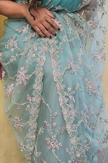 MESCHE Women's Pastel Mint Green Supernet Saree with Zari & Sequin Floral Embroidery With Unstitched Blouse Piece - Image 4