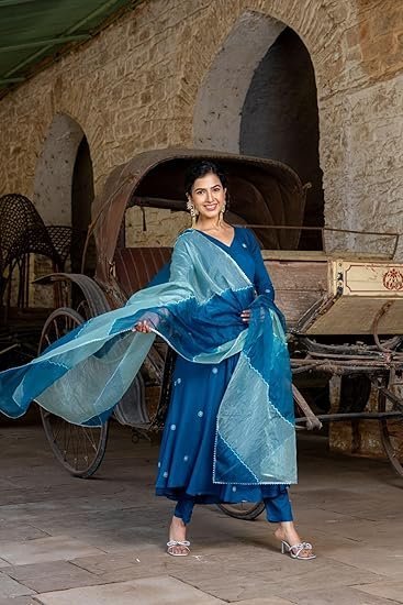 GoSriKi Women's Cotton Blend Anarkali Embroidered Kurta with Pant & Dupatta