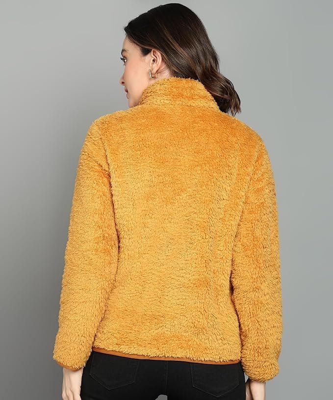 Alan Jones Clothing Women’s Fluffy Yarn Fleece Full-Zip Jacket | Soft Lightweight Warm Outerwear with Stand Collar & Piping at Hem & Cuffs - Image 3