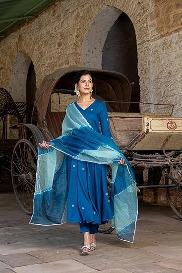 GoSriKi Women's Cotton Blend Anarkali Embroidered Kurta with Pant & Dupatta - Image 4