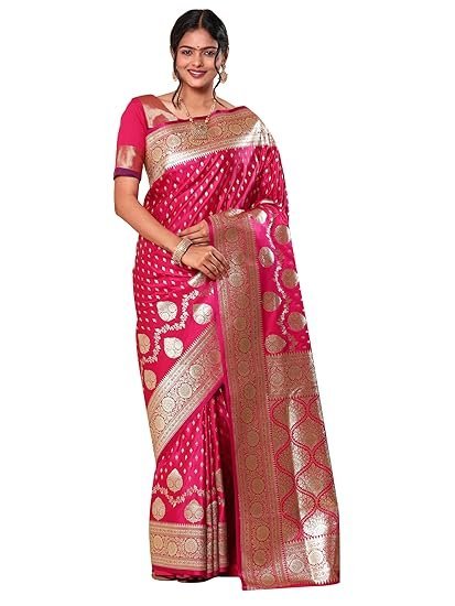 HerClozet Women's Banarasi Katan Silk Gold Zari Saree-6.3 Mtr(Dark Pink;Golden)