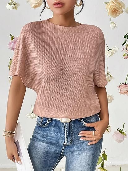 Zilcon Women Fashion Fall Batwing Half Sleeve Shirts Boat Neck Oversized Tunic Tops Casual Waffle Knit Shirts Tops for Women - Image 5