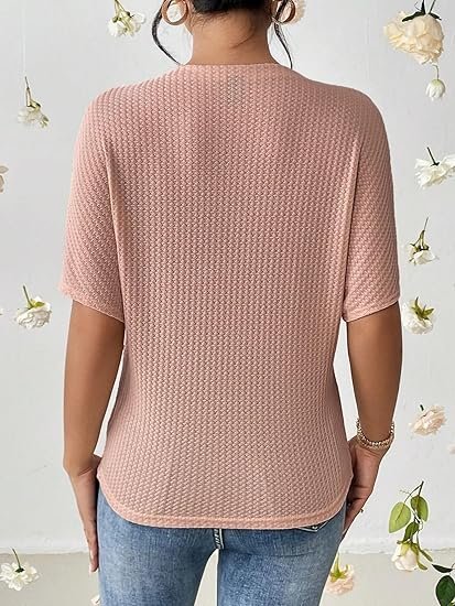 Zilcon Women Fashion Fall Batwing Half Sleeve Shirts Boat Neck Oversized Tunic Tops Casual Waffle Knit Shirts Tops for Women - Image 6